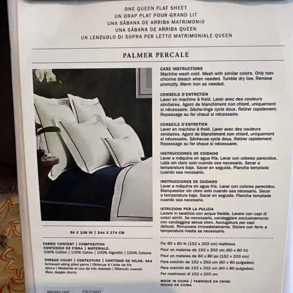 Ralph Lauren Palmer Home Queen Flat Cotton Percale Sheet White Navy Trim New - Picture 3 of 3